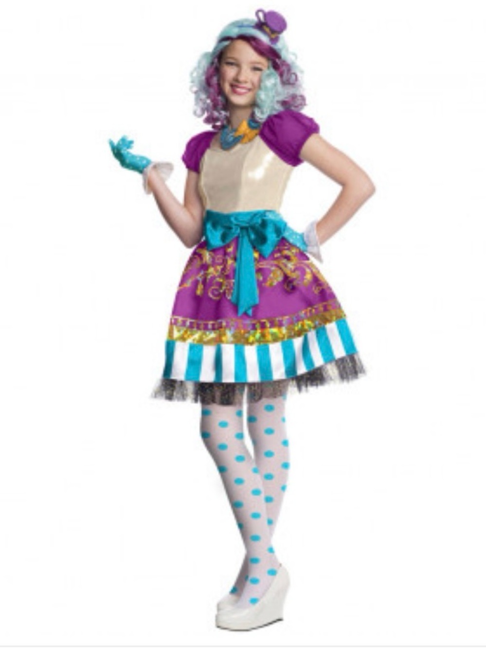 Ever After High Madeline Hatter Girls Costume size XL 14-16 - Blue, Pink & White